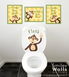 Kids Bathroom Wall Art, Prints Stickers, Monkeys Decal For Decor, Door Sign Art - thumbnail 1