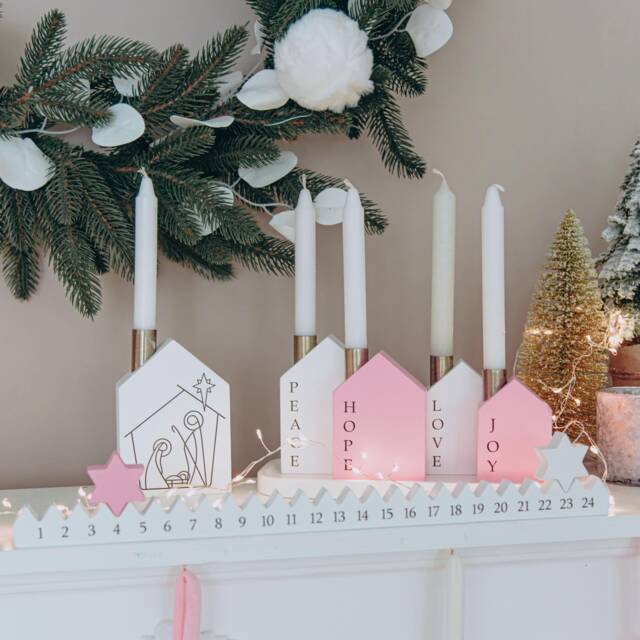 Personalized Christmas Pink Candle Holder Advent Wreath Nativity Scene 4 Weeks To Go Engraved Gifts Holiday Decoration Countdown - image 1