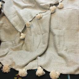 Wool Blanket With Pompoms Hand Loomed in Morocco - thumbnail 3
