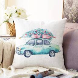 Christmas Pillow Cover Chenille Fabric, Green Car With Tree, Double Sided - thumbnail 2