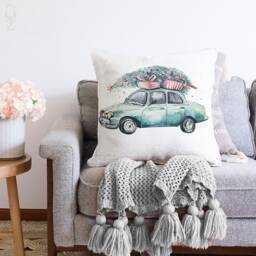 Christmas Pillow Cover Chenille Fabric, Green Car With Tree, Double Sided - thumbnail 1