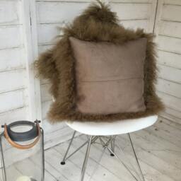 Cushion, Pillow, Tibetan Mongolian Sheepskin Cushion Complete . in A Taupe Colour - thumbnail 3