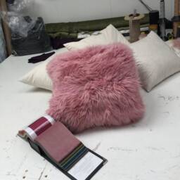 Cushion, Pillow, Tibetan Mongolian Sheepskin Cushion Complete . in A Taupe Colour - thumbnail 4