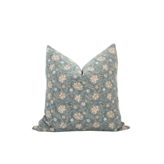 Agnes - Greenish-Blue Floral Pillow Cover Block Print Farmhouse Muted Blue Teal Spring - image 1