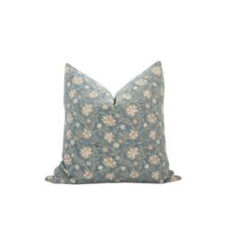 Agnes - Greenish-Blue Floral Pillow Cover Block Print Farmhouse Muted Blue Teal Spring - thumbnail 1