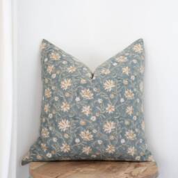 Agnes - Greenish-Blue Floral Pillow Cover Block Print Farmhouse Muted Blue Teal Spring - thumbnail 3