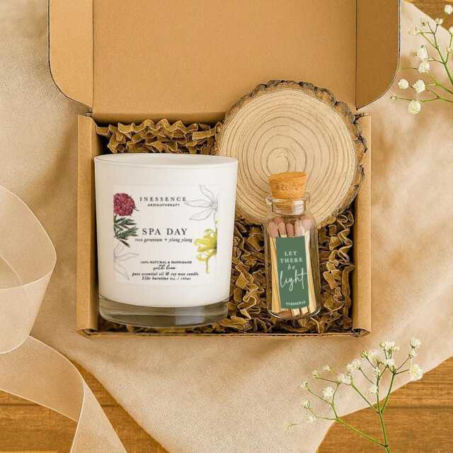 Spa Day Candle Gift Set Aromatherapy Soy With Matches & Coaster - image 1