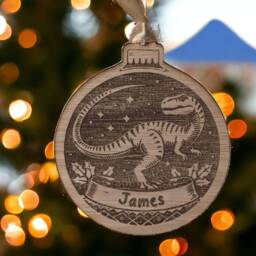 Personalised Dinosaur Christmas Bauble - Engravable Wooden Veneer Ornament, Perfect Dino Boy Gift - thumbnail 2