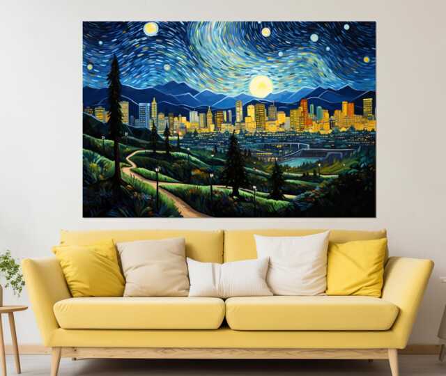 Abstract Los Angeles Canvas Print in Van Gogh Starry Night Style, Skyline, Wall Art, California Art - image 1