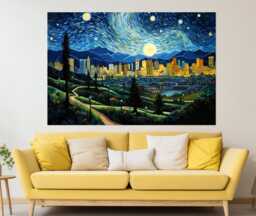 Abstract Los Angeles Canvas Print in Van Gogh Starry Night Style, Skyline, Wall Art, California Art - thumbnail 1