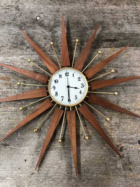 Walnut Starburst Clock, Mid-Century Quartz Clock - image 1