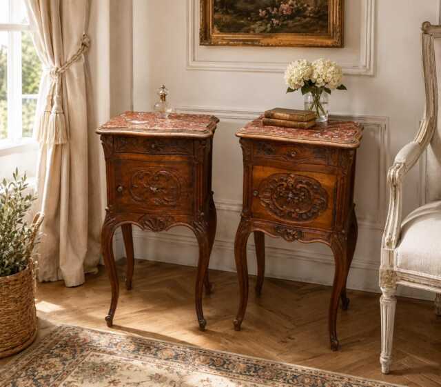 Pair - Non Identical Of French Bedside Tables With Marble Tops - image 1