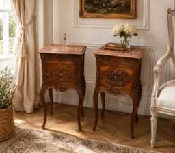 Pair - Non Identical Of French Bedside Tables With Marble Tops
