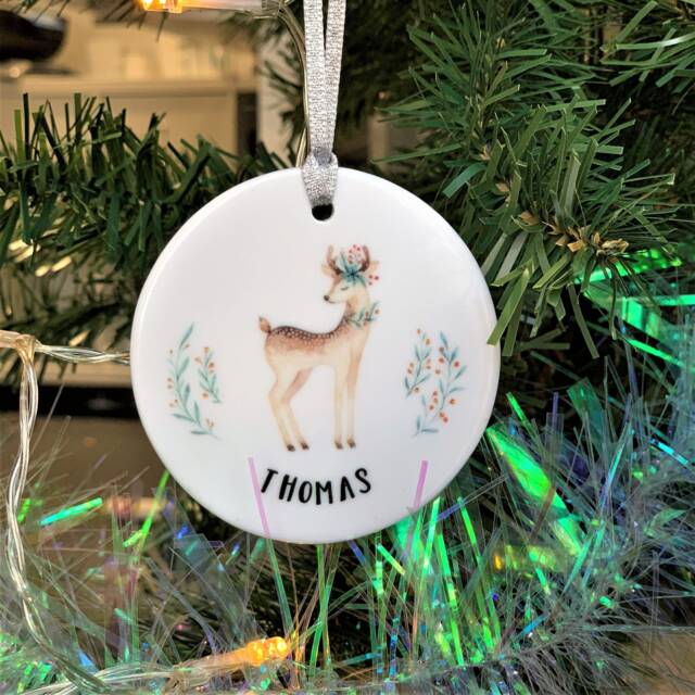 Personalised Retro Deer Ceramic Bauble - Watercolour Christmas Decoration Tree Gift Box Available