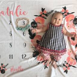 Baby Floral Milestone Blanket, Personalized Girl Monthly Name Minky, Fleece, Shower Gift - thumbnail 2