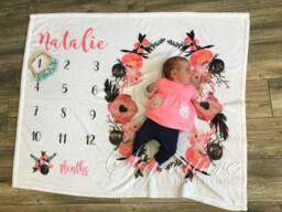 Baby Floral Milestone Blanket, Personalized Girl Monthly Name Minky, Fleece, Shower Gift