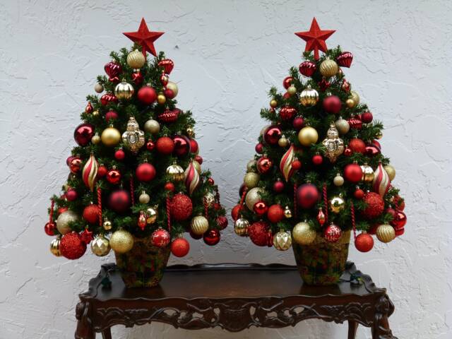 Entryway Christmas Tree Set, Red & Gold Decor, Shatterproof Ornaments, Fully Decorated With 100 Clear Lights On Each Tree, 3 Ft Plus - image 1