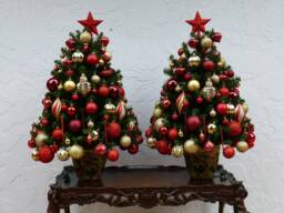 Entryway Christmas Tree Set, Red & Gold Decor, Shatterproof Ornaments, Fully Decorated With 100 Clear Lights On Each Tree, 3 Ft Plus - thumbnail 1