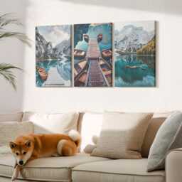 Canvas Set Of 3 Wall Art - A Lake With Wooden Piers & Mountains, Turquoise Large, Landscapes Hanging Piece