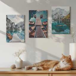 Canvas Set Of 3 Wall Art - A Lake With Wooden Piers & Mountains, Turquoise Large, Landscapes Hanging Piece - thumbnail 3