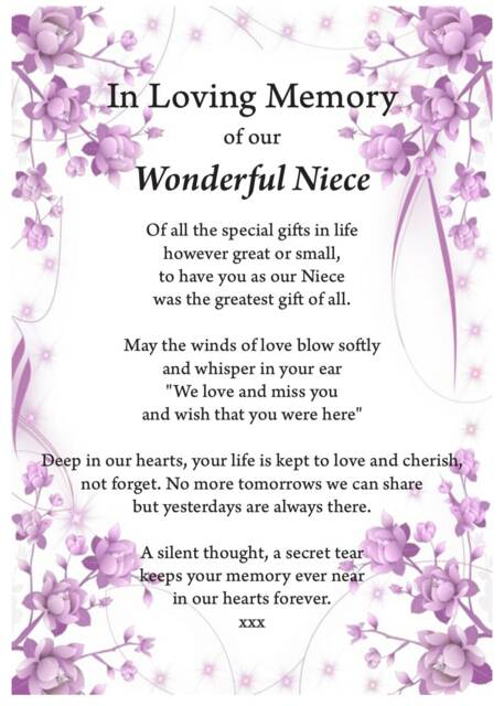 Niece in Loving Memory Print, Funeral Poem, Missing You, Bereavement, Heaven Grief Niece Heaven - image 1