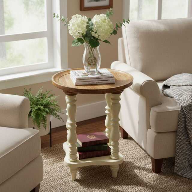 Solid Mango Wood Side Table Natural Top & Ivory Finish Base Bedside Accent - image 1