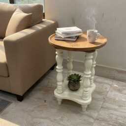 Solid Mango Wood Side Table Natural Top & Ivory Finish Base Bedside Accent - thumbnail 4