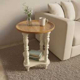 Solid Mango Wood Side Table Natural Top & Ivory Finish Base Bedside Accent - thumbnail 2