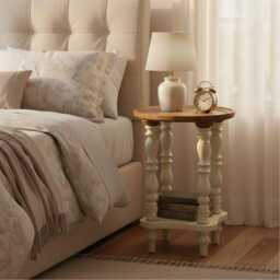 Solid Mango Wood Side Table Natural Top & Ivory Finish Base Bedside Accent - thumbnail 3