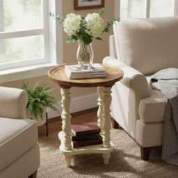 Solid Mango Wood Side Table Natural Top & Ivory Finish Base Bedside Accent