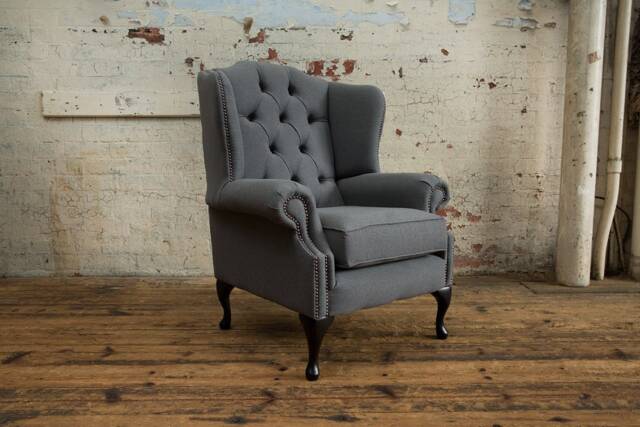 British Handmade Dark Grey Wool Fabric Chesterfield Wing Chair - image 1