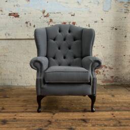 British Handmade Dark Grey Wool Fabric Chesterfield Wing Chair - thumbnail 2