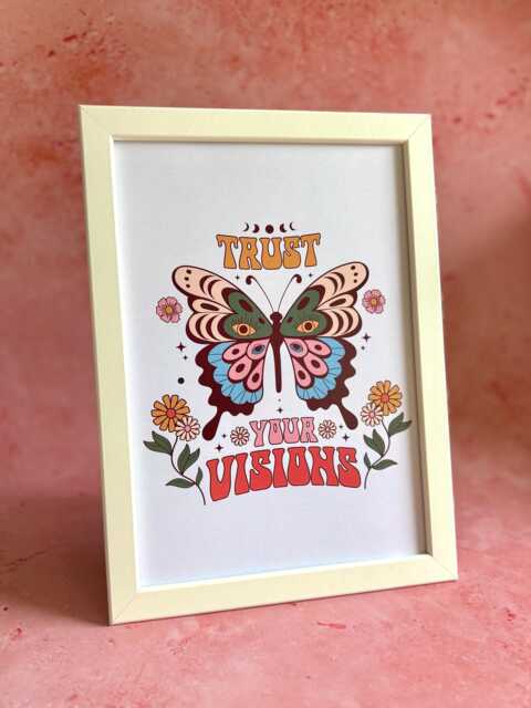 Trust Your Visions Print - Retro Butterfly Wall Art 60S Psychedelic Poster Motivational A4 Groovy Hippie Home Decor - image 1