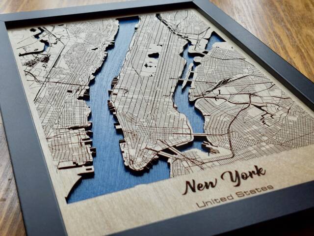 New York Map Wall Art - 3D Multi Layered Laser Engraved Wood Acrylic Water Effect - image 1