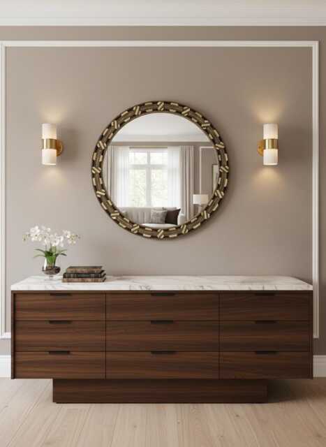 Round Vanity Mirror - Handmade Living Room Cow Bone Inlay Circle - image 1