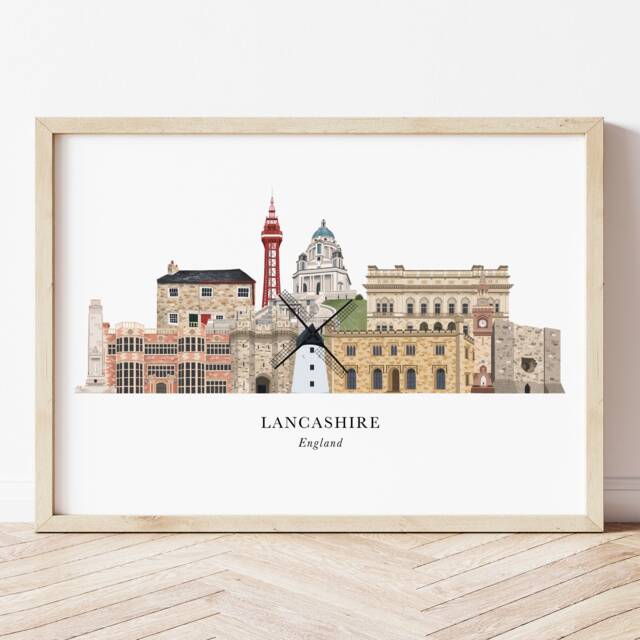 Lancashire Skyline Print, Cityscape, Wall Art, Gift, Illustration, Poster, Lancaster - image 1
