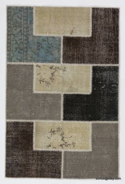 4' X 6' Geometric Patchwork Rug, Handmade From Earth Colored Overdyed Turkish Rugs - image 1