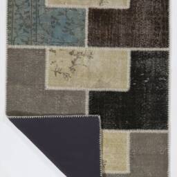 4' X 6' Geometric Patchwork Rug, Handmade From Earth Colored Overdyed Turkish Rugs - thumbnail 2