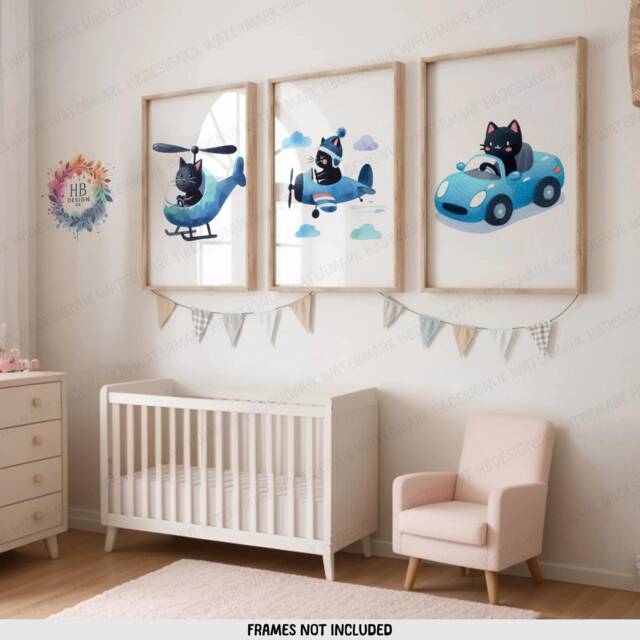 Blue Cat Nursery Prints - Set Of 3 Posters - Vehicle Wall Art Car Poster Kid Cats Decor Transport Boys Bedroom Artwork - image 1