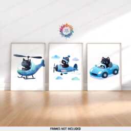 Blue Cat Nursery Prints - Set Of 3 Posters - Vehicle Wall Art Car Poster Kid Cats Decor Transport Boys Bedroom Artwork - thumbnail 2
