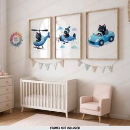 Blue Cat Nursery Prints - Set Of 3 Posters - Vehicle Wall Art Car Poster Kid Cats Decor Transport Boys Bedroom Artwork - thumbnail 1