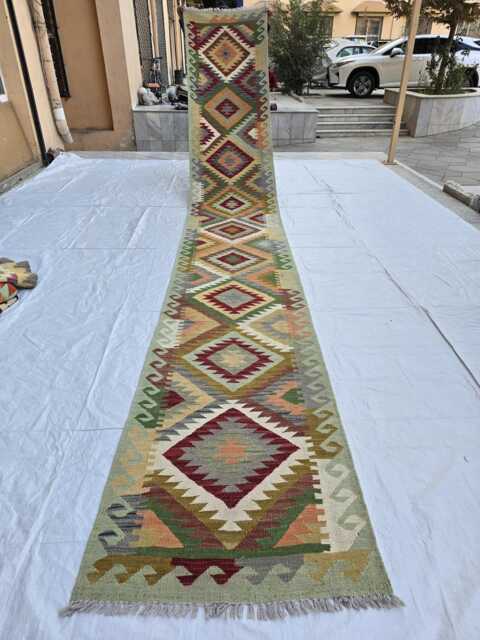 2??16 Ft Handmade Hallway Runner - Geometric Chobi Kilim Flat Carpet - image 1