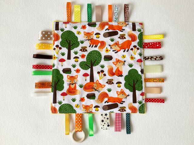 Fox Baby Lovey Sensory Ribbon Blanket With Wooden Ring - image 1