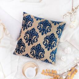 Royal Blue Tan Decorative Throw Pillow Cover, Velour Blend Cushion Covers, Accent Boutique Pillowcase, Floral Pattern Boho Farmhouse - thumbnail 2