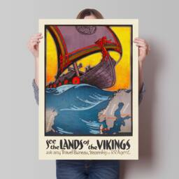 Vikings Travel Poster - See The Land Of Nordic Art -Viking Sailing Ship Denmark, Sweden, Norway - thumbnail 1