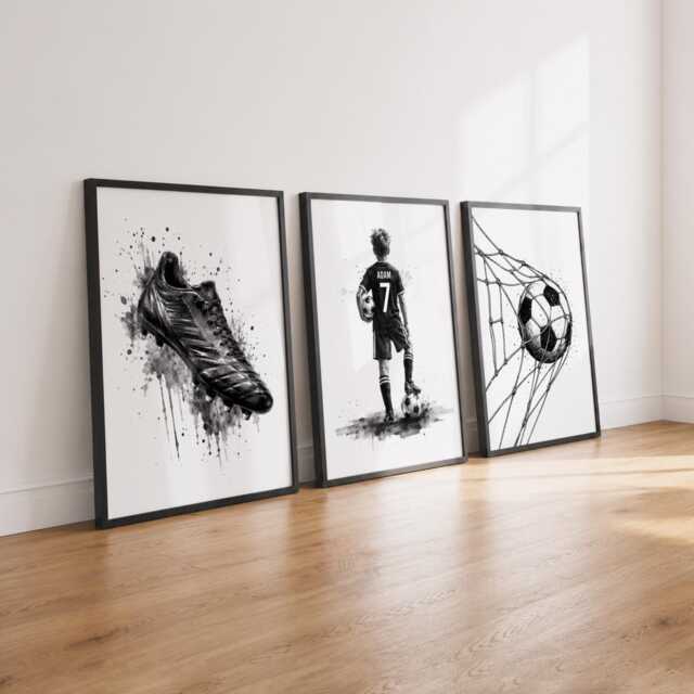 Personalised Football Prints - Boys Bedroom Decor, Soccer Wall Art Set Of 3 - image 1