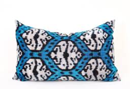Blue Silk Velvet Ikat Pillow Cover, Handmade Accent Cushion - thumbnail 1
