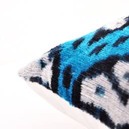 Blue Silk Velvet Ikat Pillow Cover, Handmade Accent Cushion - thumbnail 3