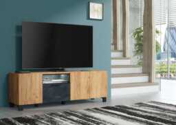 Furneo 150cm Tv Stand Oak & Black Concrete Effect Unit Cabinet White Led Lights Enzo 04 - thumbnail 1
