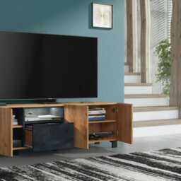 Furneo 150cm Tv Stand Oak & Black Concrete Effect Unit Cabinet White Led Lights Enzo 04 - thumbnail 2